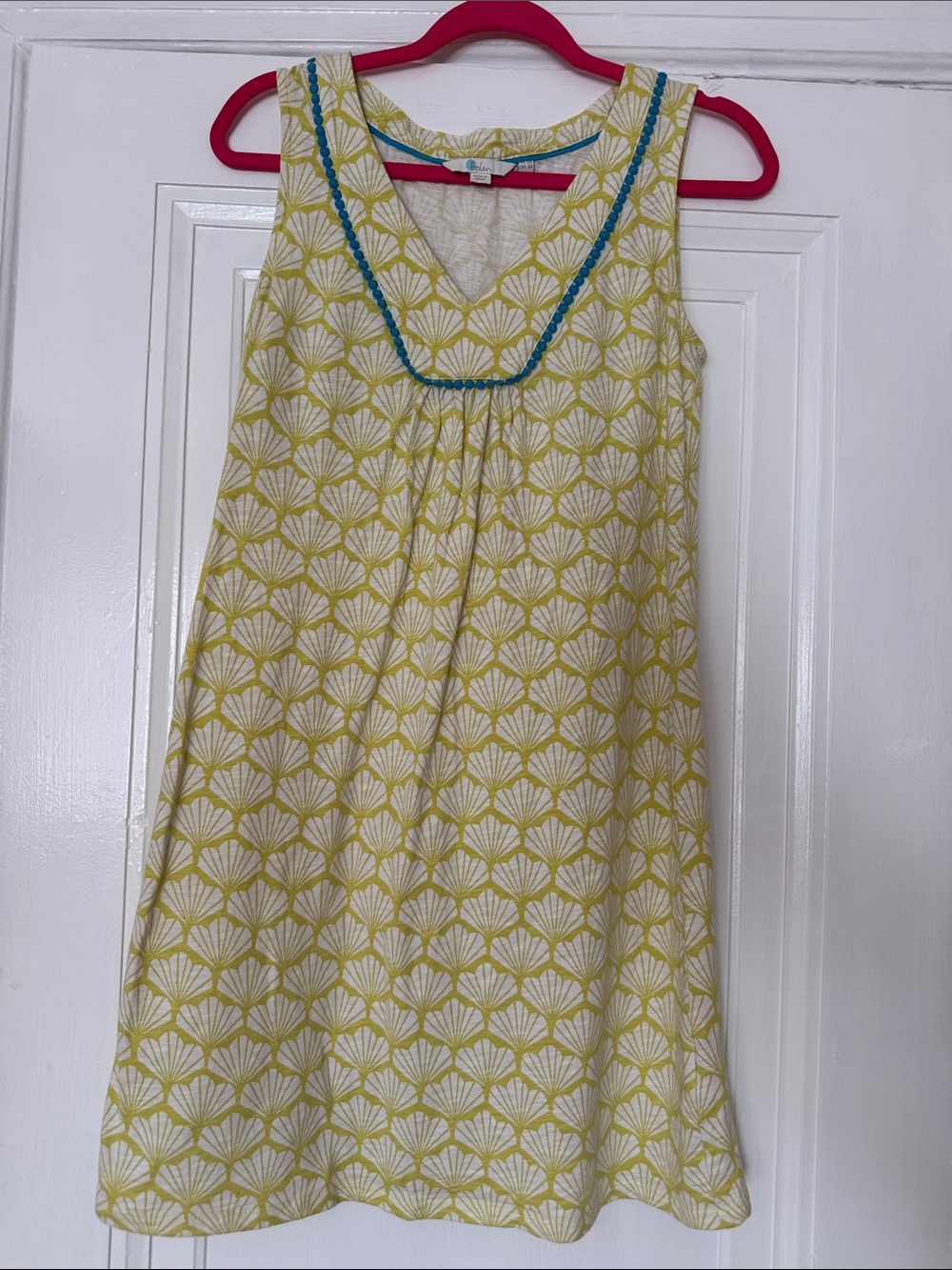 Boden Yellow and White Shell-Print Casual Dress with Blue Trim